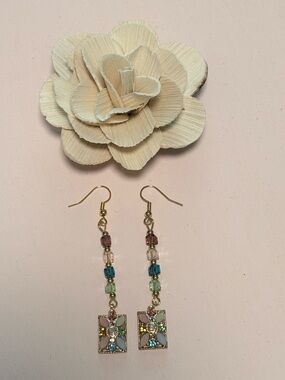 Gold-Tone Pastel Bead Drop Earrings with Rectangular Floral Charms